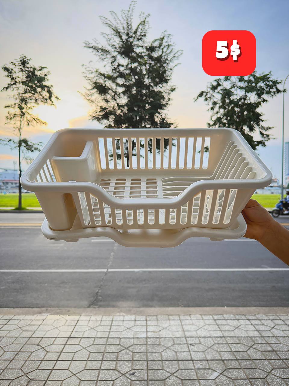 White plastic dish drying rack shown from above with red $5 price label