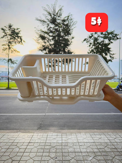 White plastic dish drying rack shown from above with red $5 price label