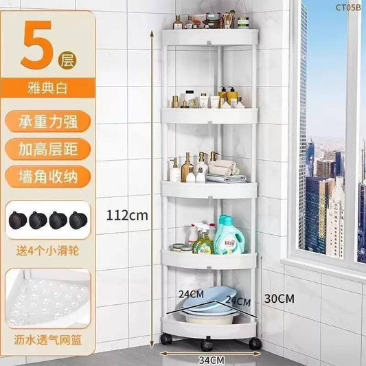White 5-tier corner bathroom storage shelf with four caster wheels, approximately 112 cm tall