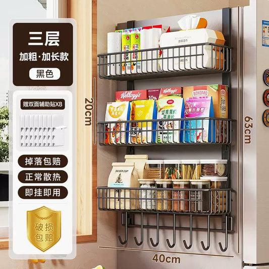 Black three-tier wall-mounted kitchen storage rack with hooks, 40 cm wide and 63 cm tall